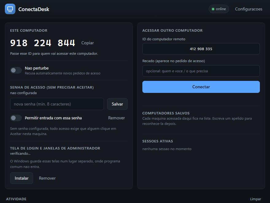 Tela inicial do ConectaDesk com o ID de nove dígitos e o campo para acessar outro computador