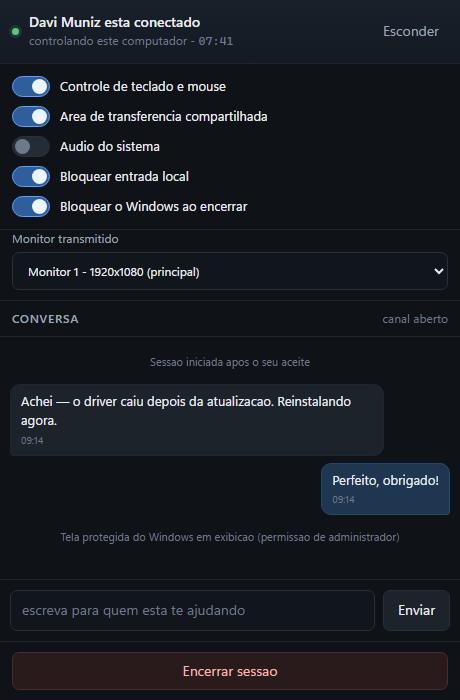 Sessão ativa: cronômetro, chaves de permissão ao vivo, seleção de monitor e conversa