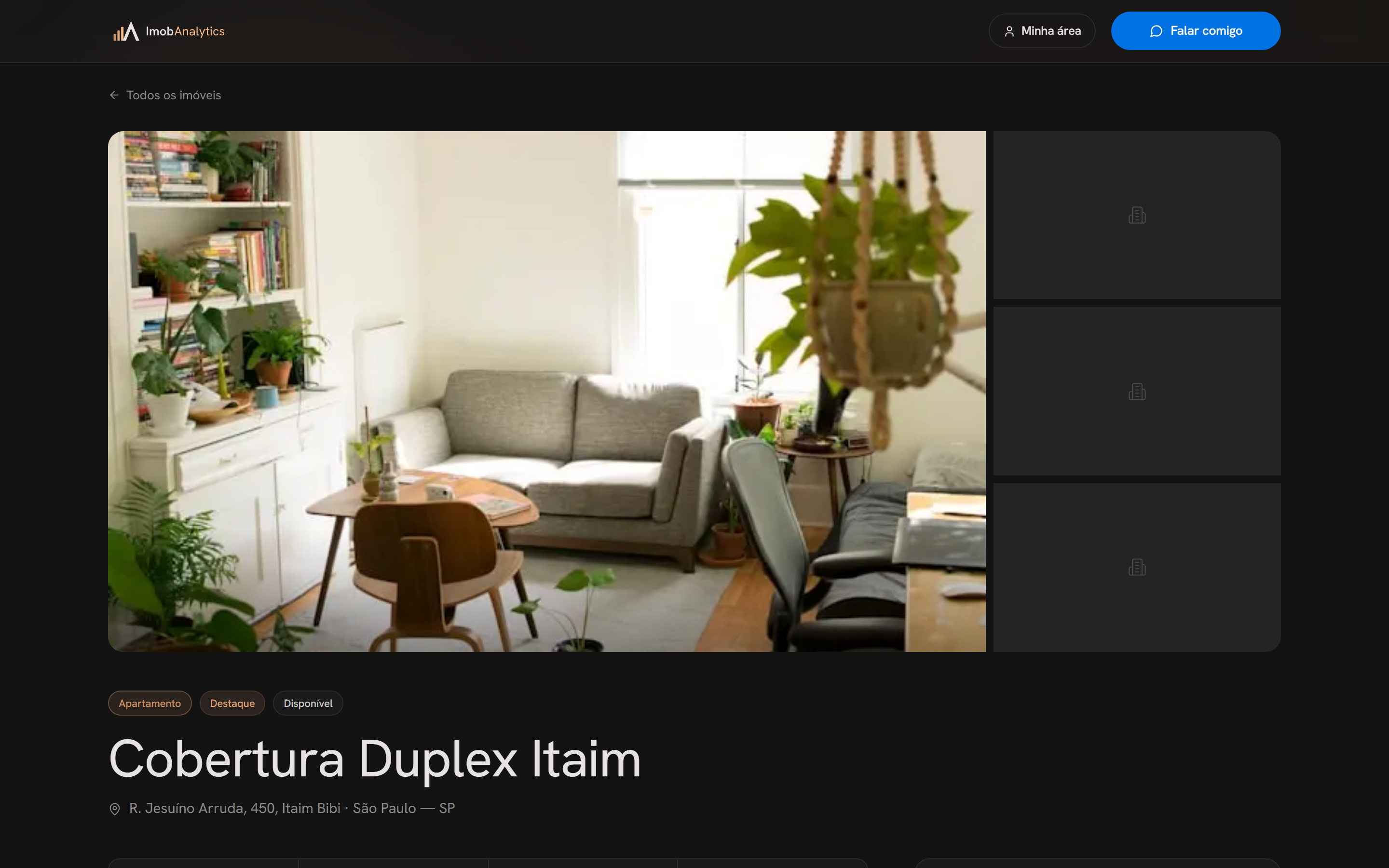 Página do imóvel no portal, galeria e agendamento