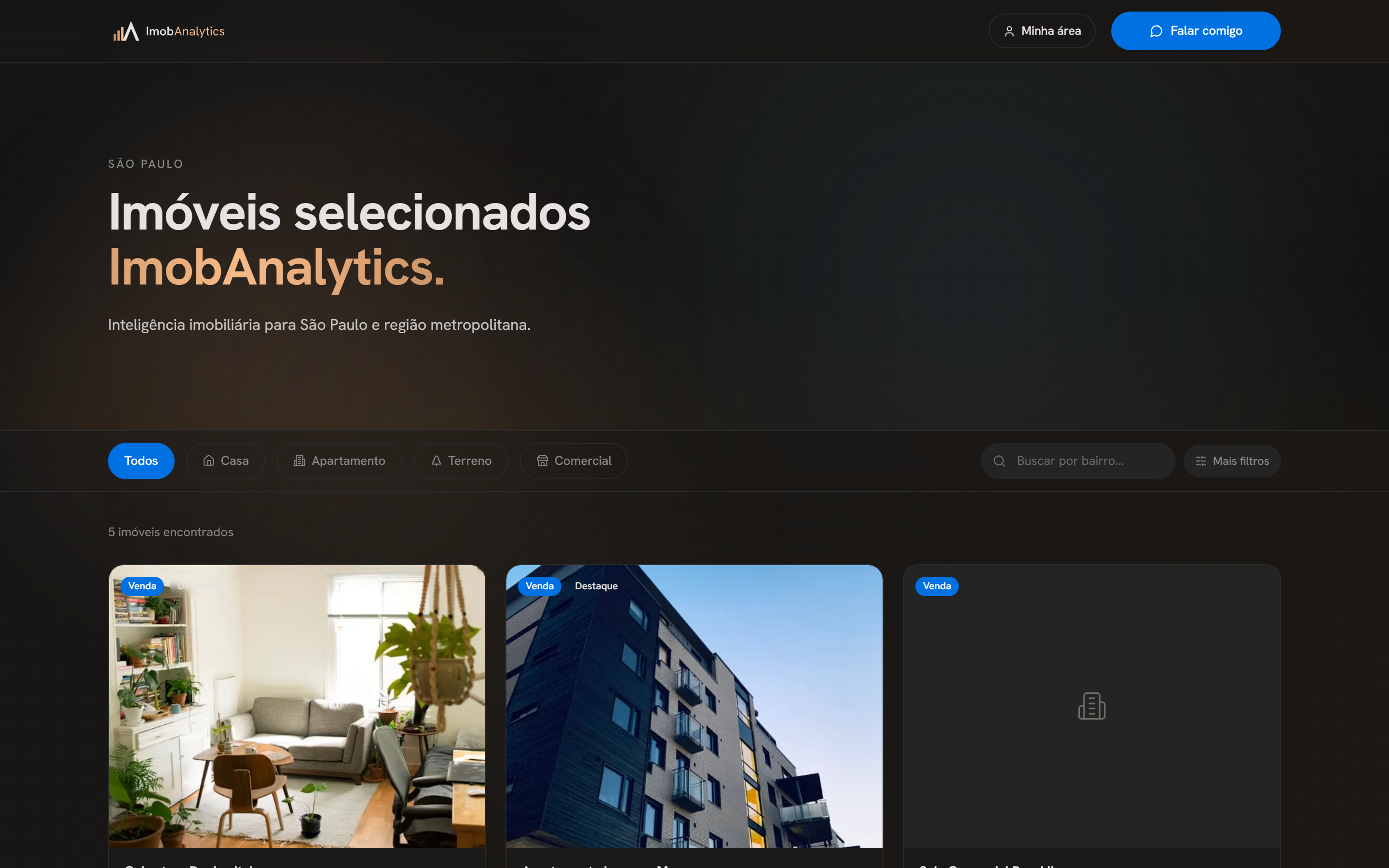 Portal público da imobiliária, vitrine de imóveis