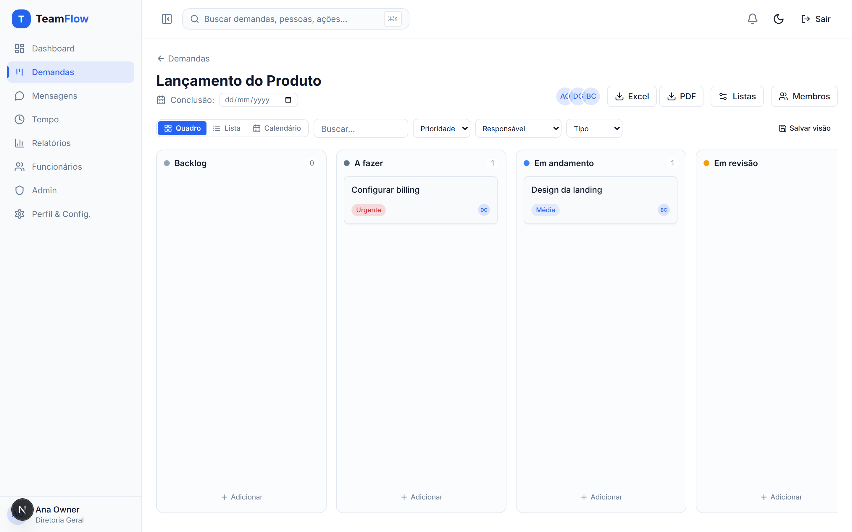 Quadro de demandas do TeamFlow