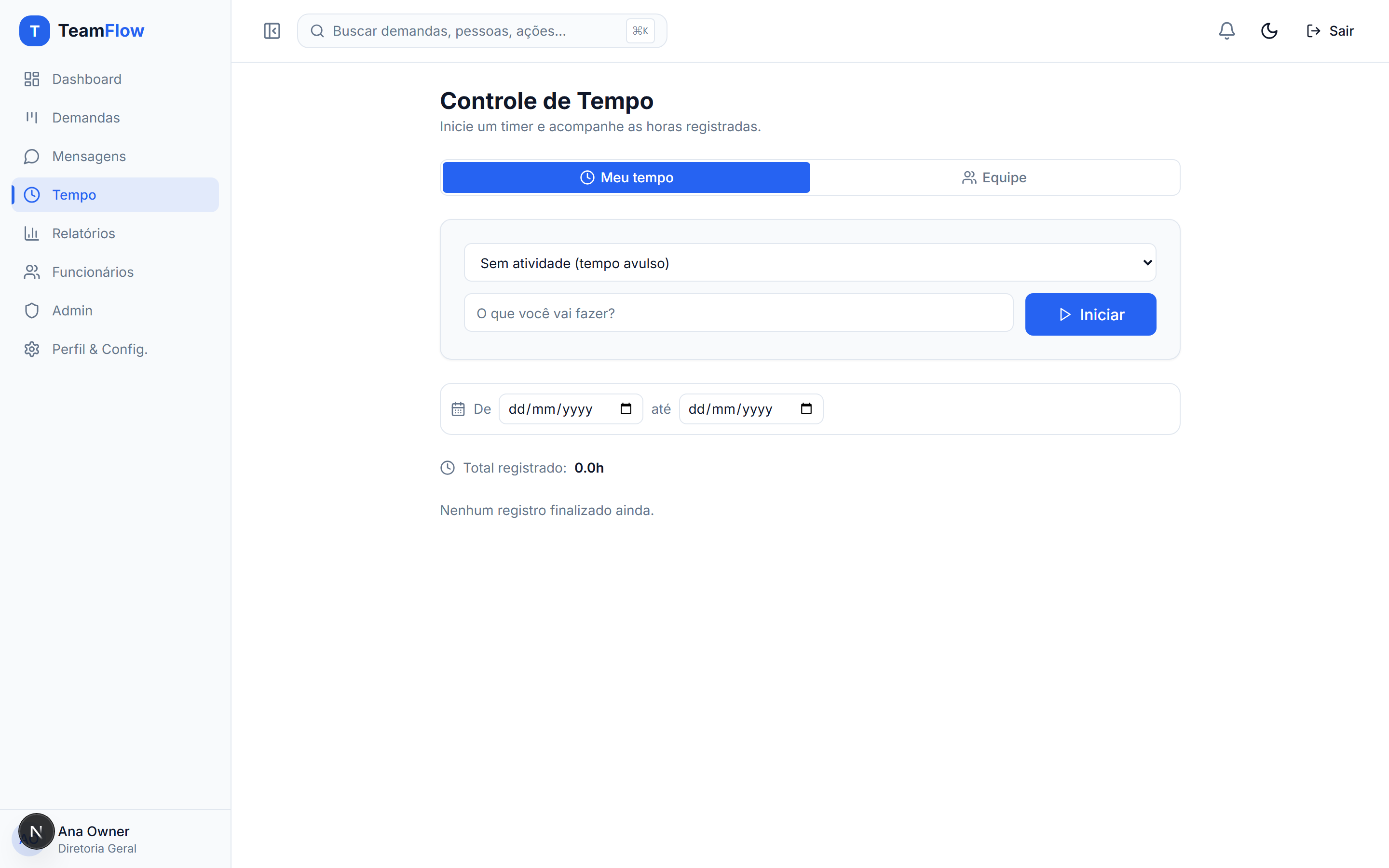 Controle de tempo do TeamFlow